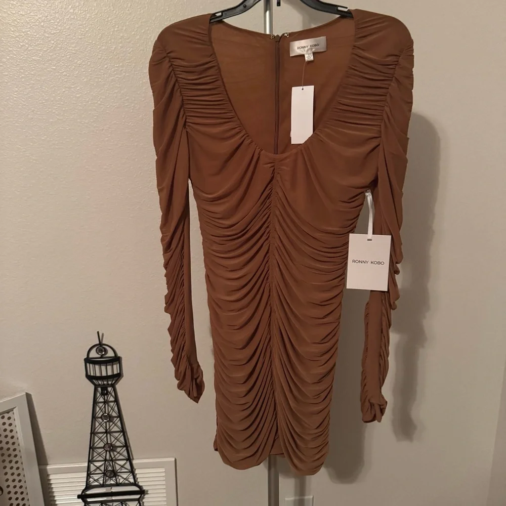 NWT Ronny Kobo Julisa Ruched Long-Sleeve Mini Dress Sz L - Picture 2 of 7